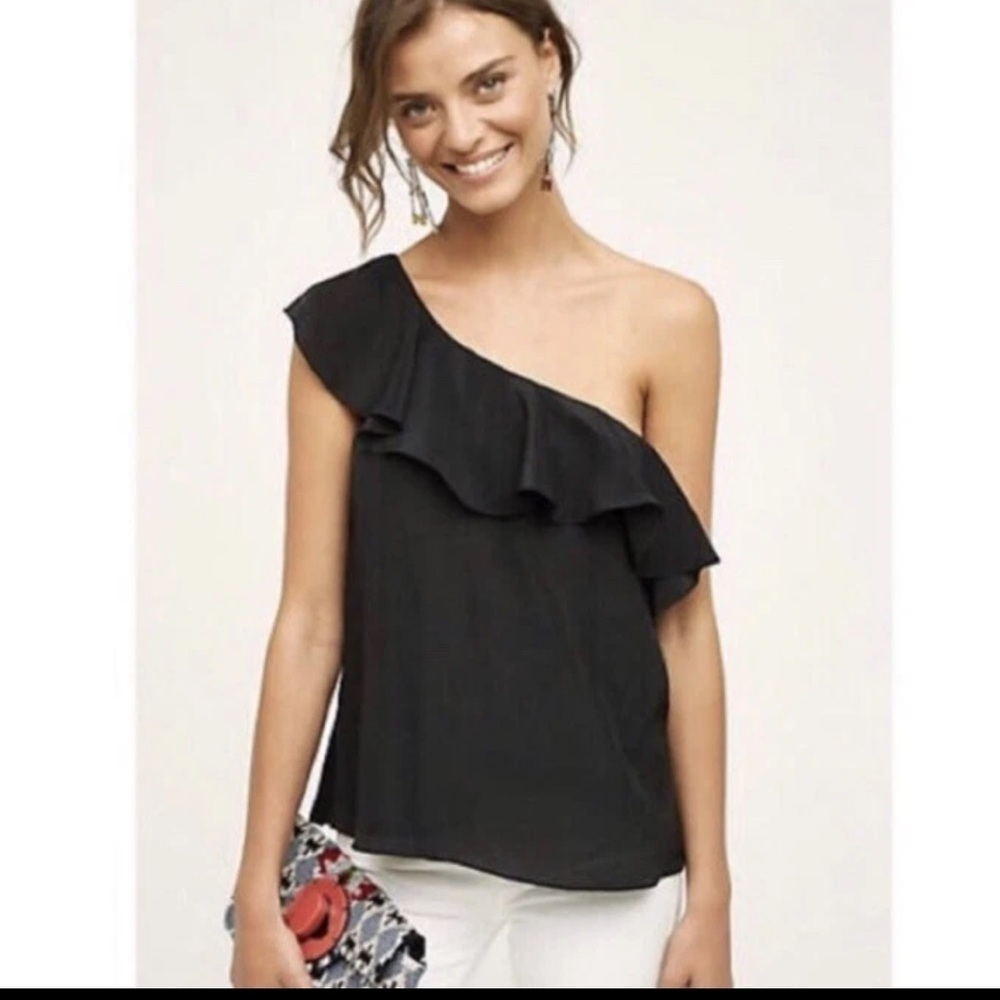NWT Anthropologie $98 Silk Black One-Shoulder Blouse Maeve Size 6P